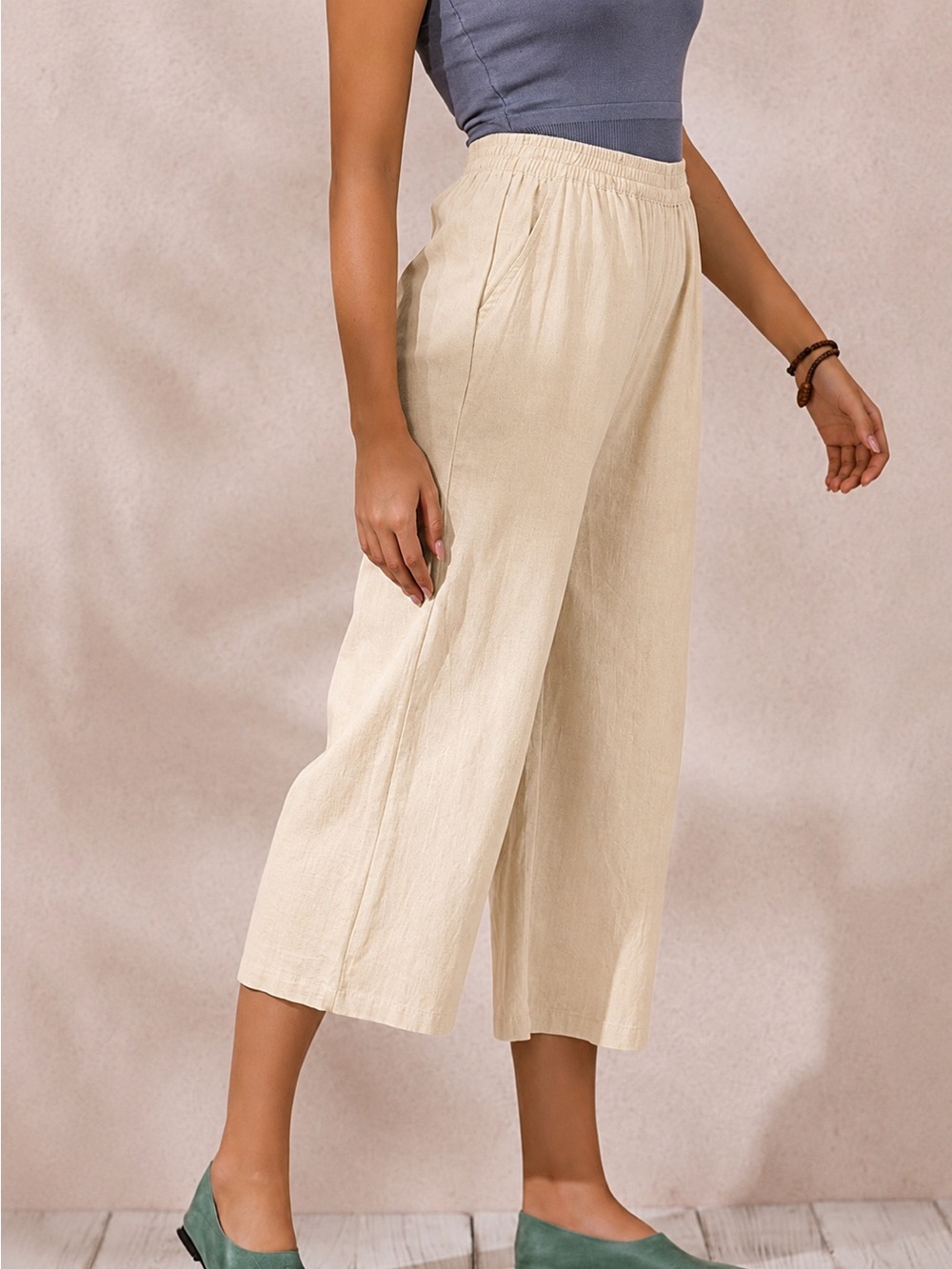 ECUPPER • Women’s 100% Cotton Elastic Wide Leg Pants in Linen Color